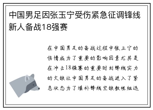 中国男足因张玉宁受伤紧急征调锋线新人备战18强赛 中国男足因张玉宁受伤紧急征调锋线新人备战18强赛